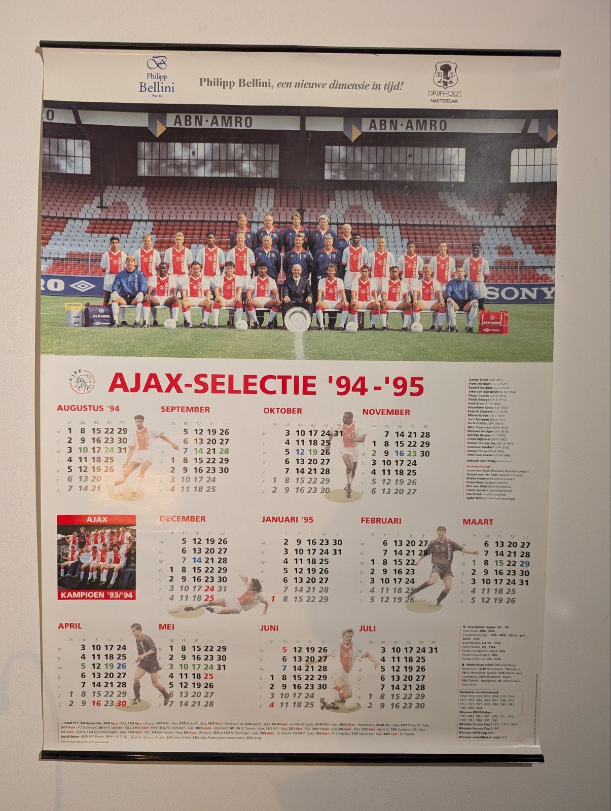 Ajax poster kalender selectie 1994-1995, Verzamelen, Ophalen, Zo goed als nieuw, Ajax