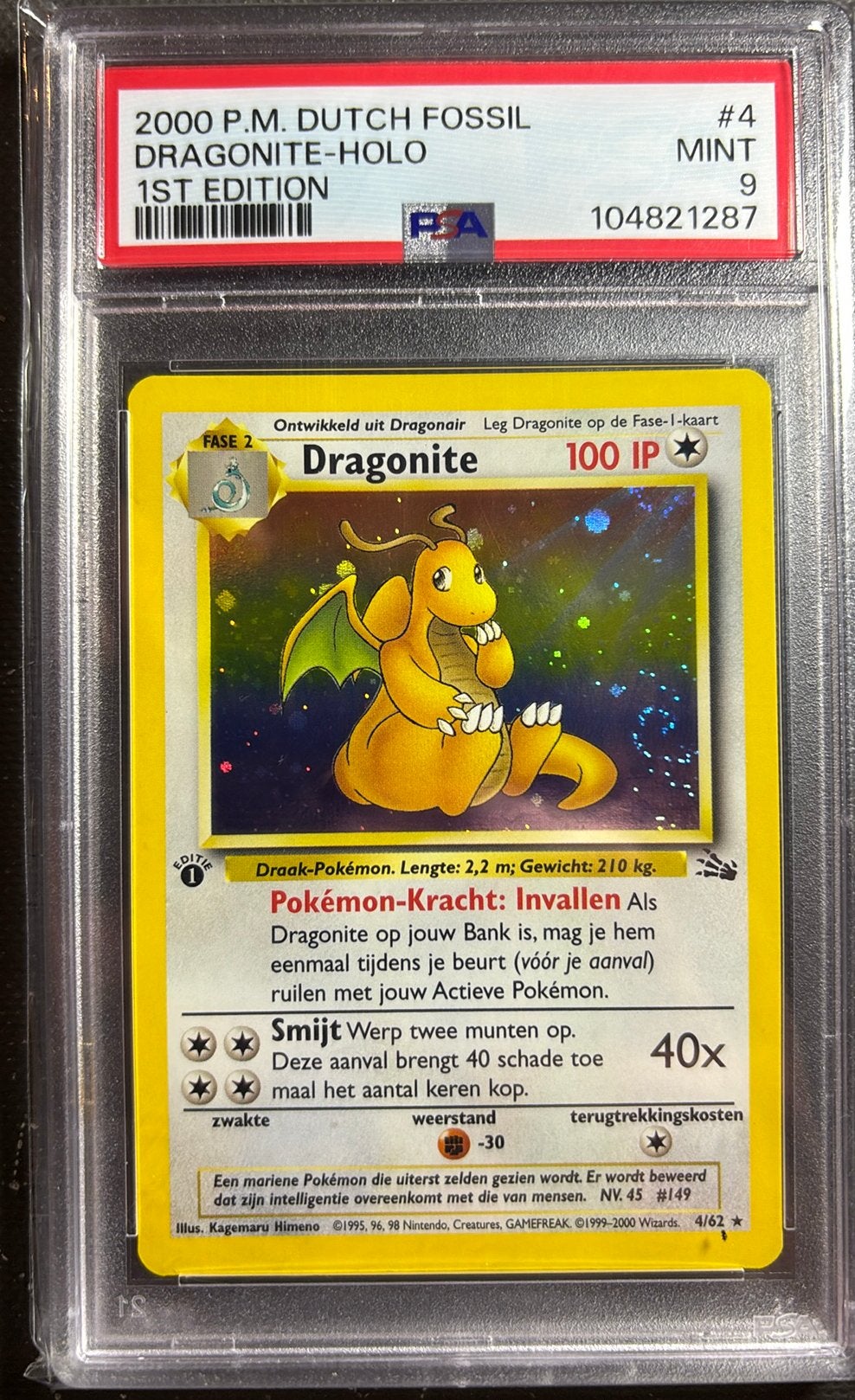1st edition Dragonite NL psa 9 4/62 fossil, low pop, vintage, Ophalen, Zo goed als nieuw