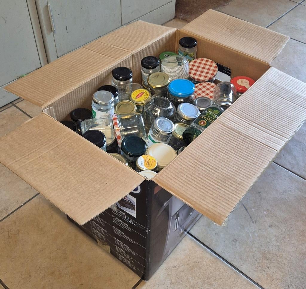 Doos met ca. 100 kleine glazen potjes voor jam/bewaren, Ophalen, Voorraadpot, Meerkleurig, Glas