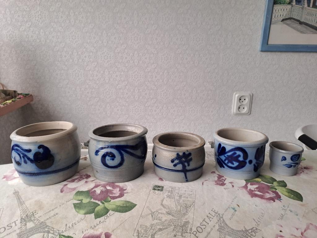 Set van 5 Vintage Keulse Potjes - Blauw Grijs Keramiek, Ophalen of Verzenden