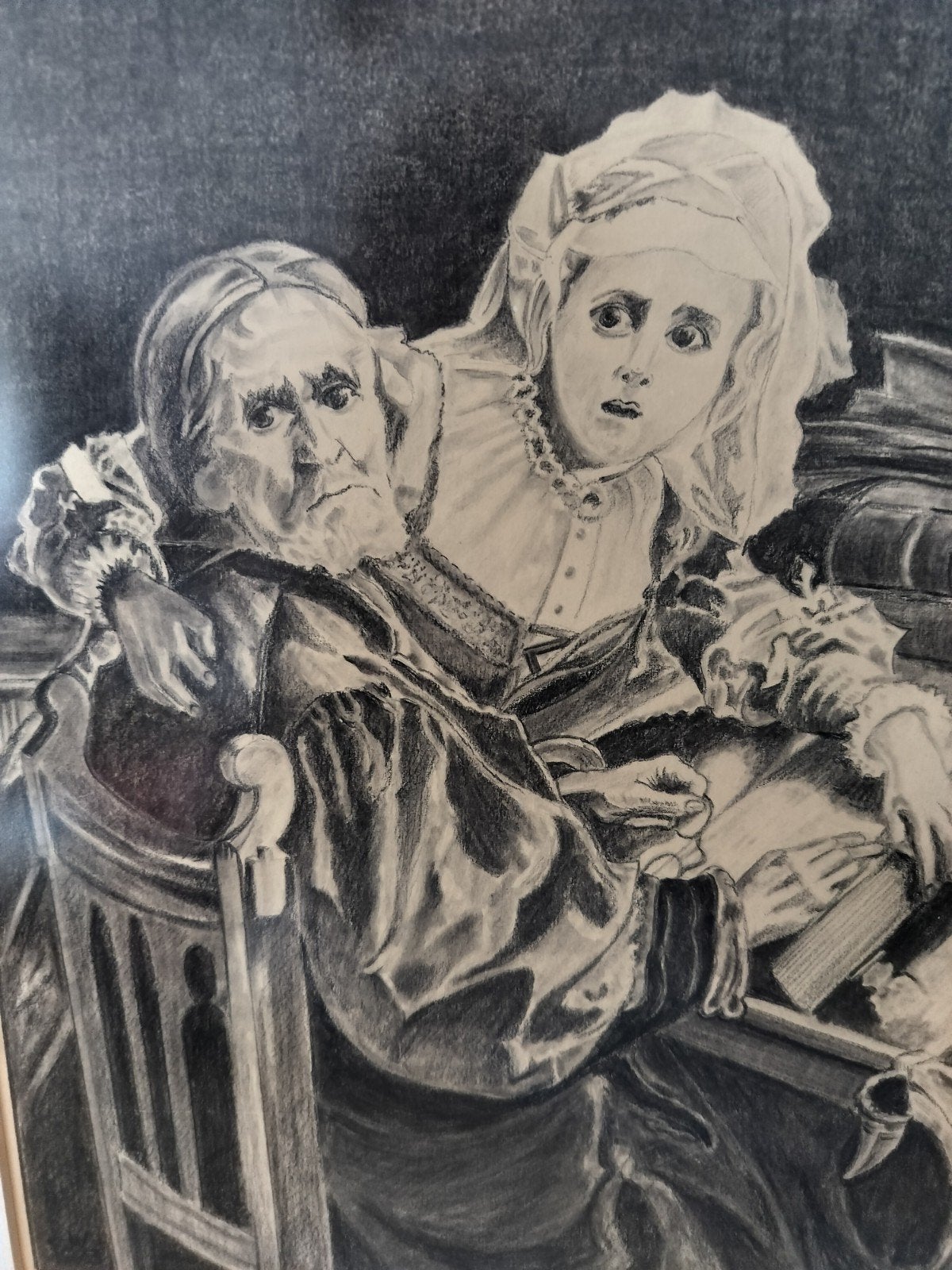 Oude man en jonge vrouw -  de verboden lectuurPotloodtekenin, Antiek en Kunst, Ophalen of Verzenden, Tekening, Potloodtekening