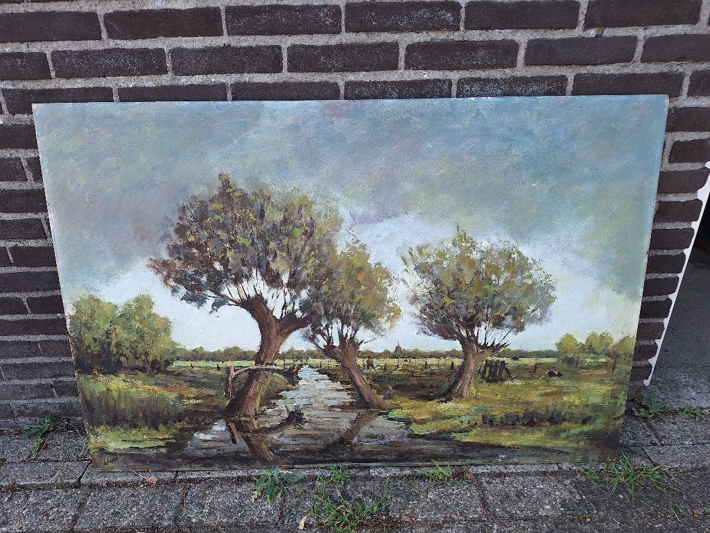 Landschap met knotwilgen en water Charls Varin Zeeland, Ophalen, Doek, Realistisch, Landschap