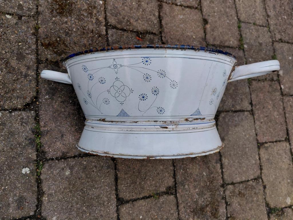 Vintage blauw Saks geëmailleerd vergiet, Ophalen of Verzenden