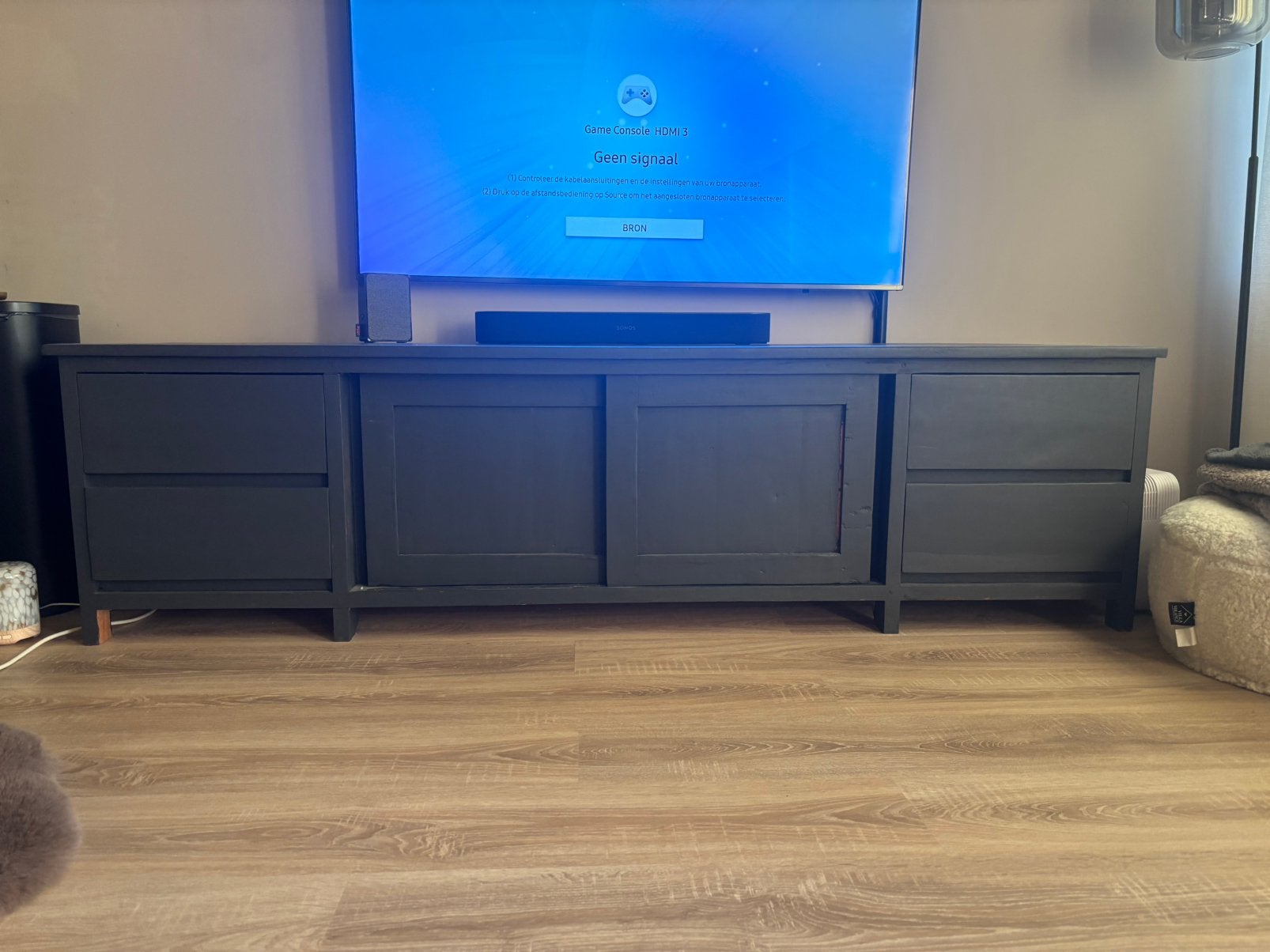 Geverfd teakhouten tv-meubel met schuifdeuren, Huis en Inrichting, Ophalen, Gebruikt, Teakhout, 200 cm of meer