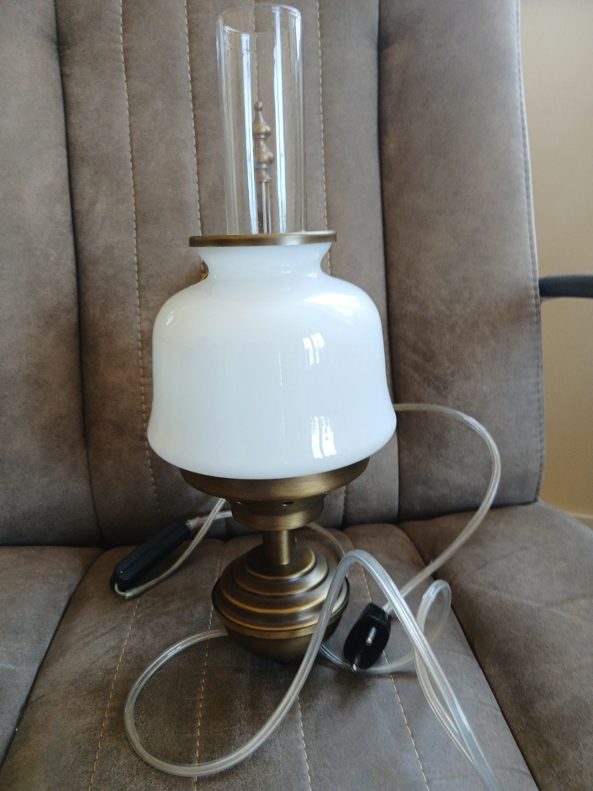 Vintage olielampstijl wandlamp - messing en glas, Ophalen