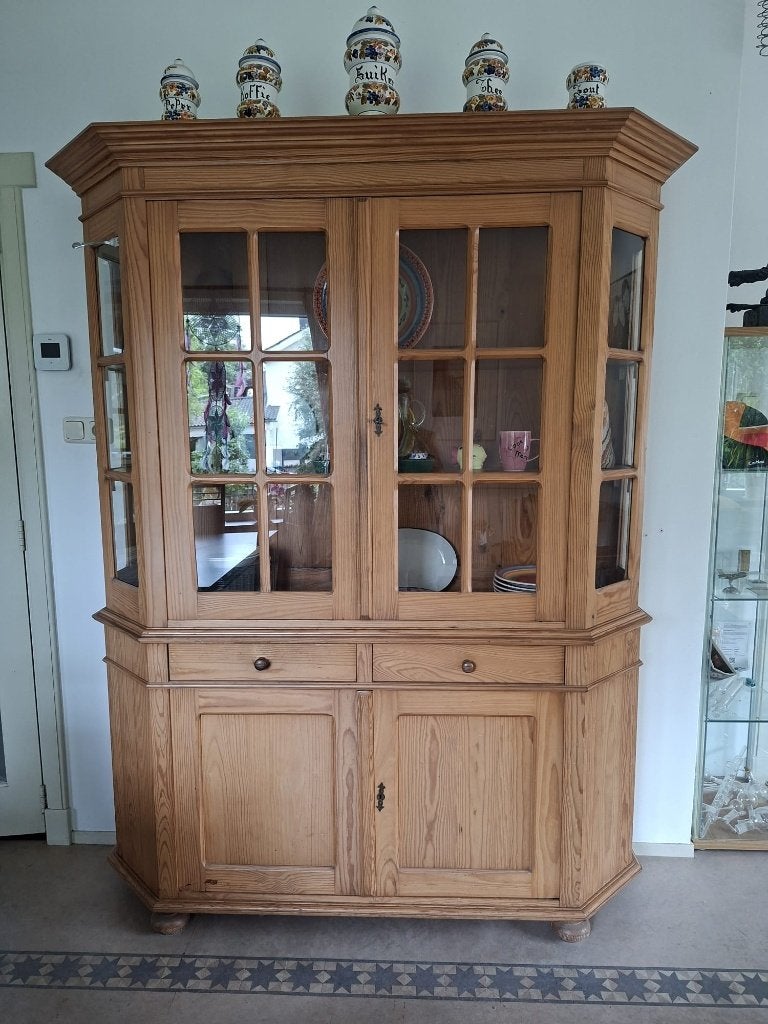 Vitrine kast (grenen) bestaande uit boven en onderkast, Huis en Inrichting, Ophalen, Met deur(en), 150 tot 200 cm, Grootmoederstijd