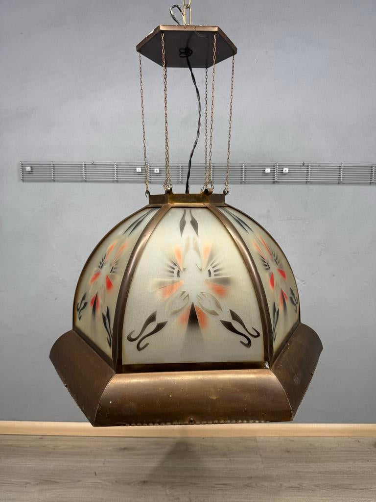 Unieke Amsterdamse School hanglamp met geëtst glas, Ophalen of Verzenden