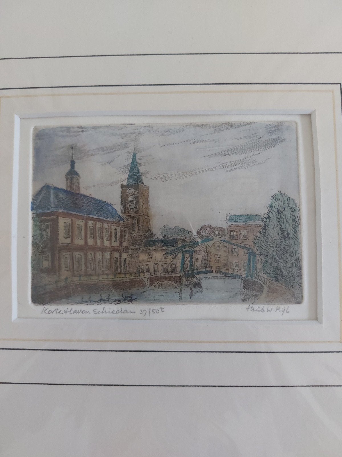 Gesigneerde Ets Korte Haven Schiedam van Huib w. Bijl, Ophalen of Verzenden