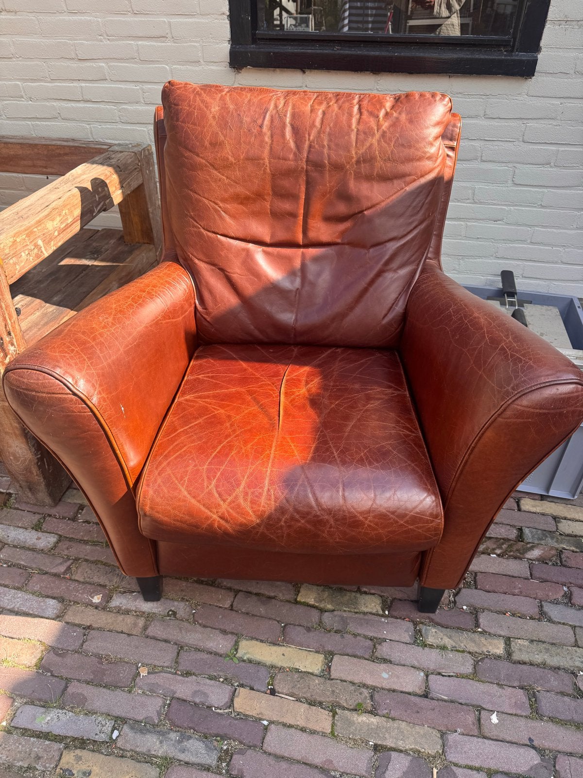 Comfortabele bruine leren fauteuil/stoel, Ophalen, Gebruikt, Leer, 75 tot 100 cm