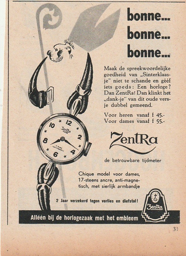 Retro reclame 1957 Zentra horloge Sinterklaas geschenk bonne, Verzenden, Overige typen