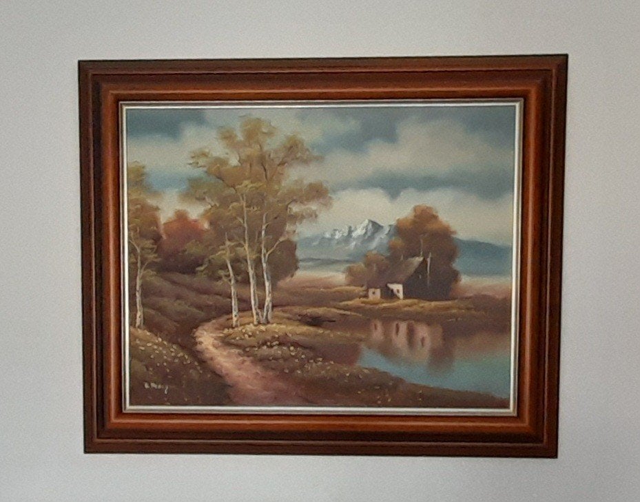 Groot schilderij op linnen, 75 x 63 cm. mahonie lijst, Ophalen, Klassiek, Doek