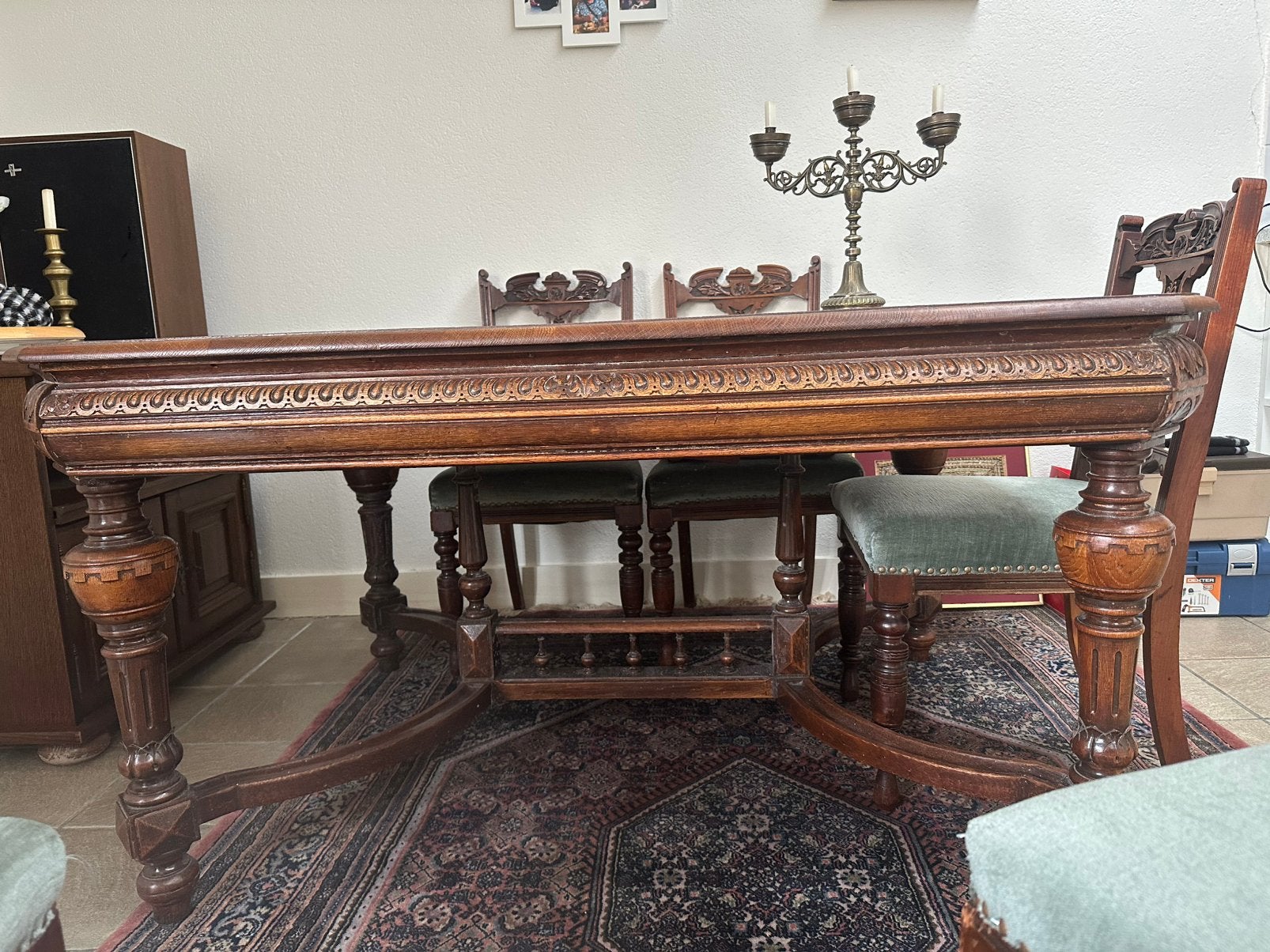 Antieke Mechels eiken eettafel met 6 stoelen, Ophalen