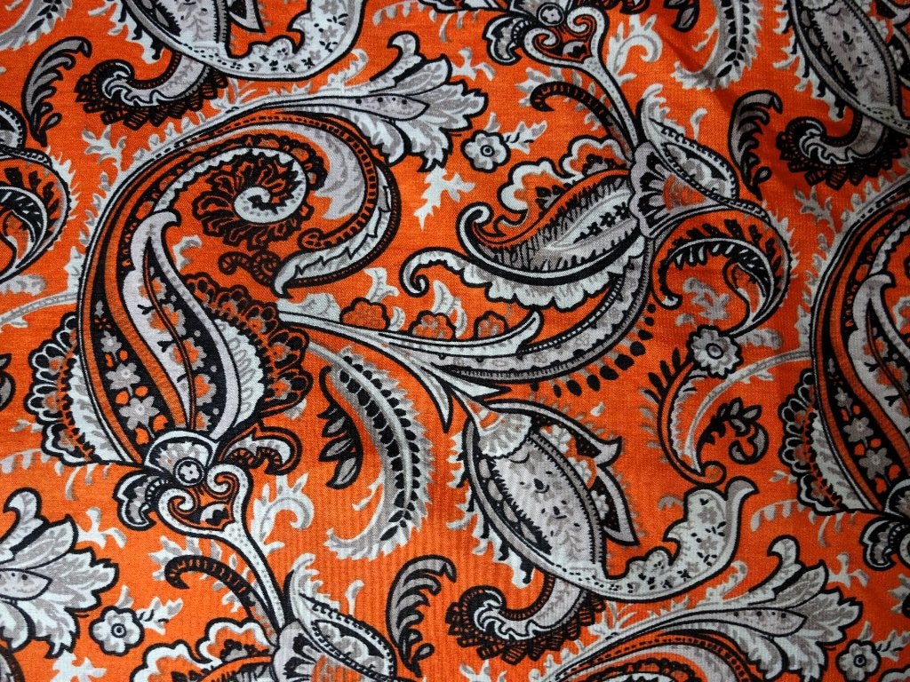 Oranje zwart grijs swirl floral lapje * 120 x 145 cm, Gebruikt, Verzenden, Oranje, 30 tot 120 cm