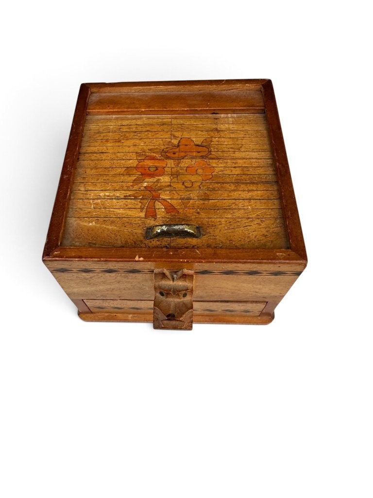 Vintage houten Mechanische Roltop sigarettendoosje met lade, Tabaksdoos of Verpakking, Gebruikt, Onbekend, Ophalen of Verzenden