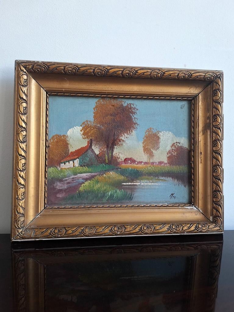 Schilderij met landschap in gouden rosé lijst, Ophalen of Verzenden