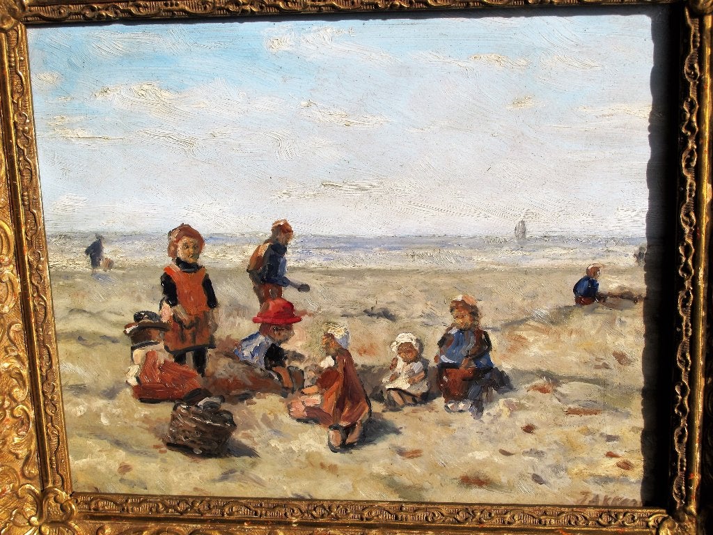 Johannes Evert Akkeringa  Strandplezier, Paneel, Verzenden, Olieverf, Overige onderwerpen