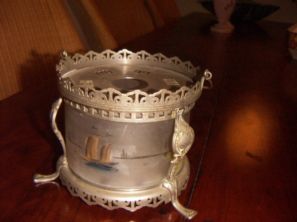 Theelicht jr.ca.1900. Glazen wand met kleurig decor., Ophalen of Verzenden