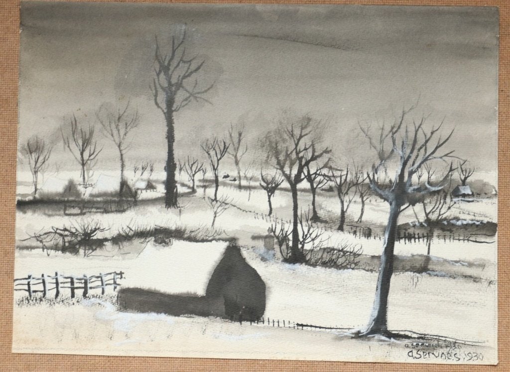 Albert Servaes - Winterlandschap, gewassen inkt, 1930, Ophalen, Tekening, Gemengde techniek, Gesigneerd
