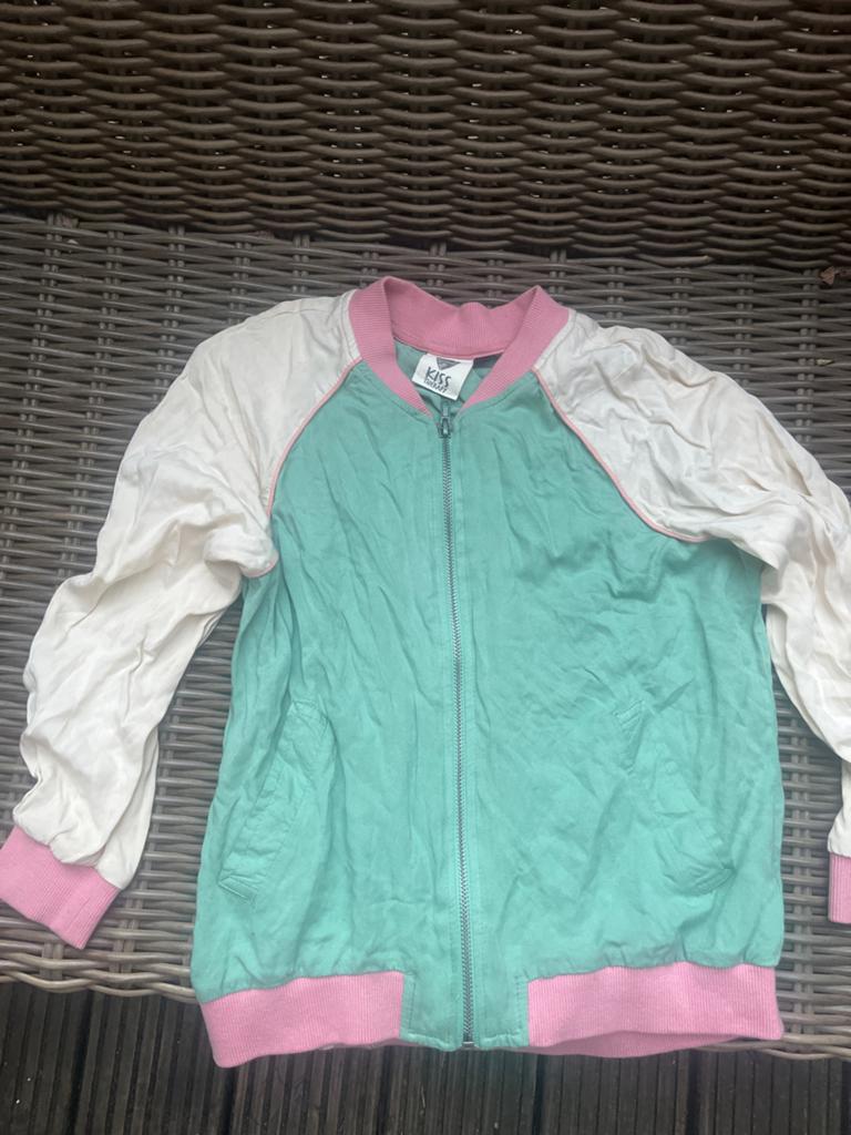 Vintage KISS jackje, zachte stof - Mintgroen & Roze, Ophalen of Verzenden, Gedragen, Maat 36 (S), Groen