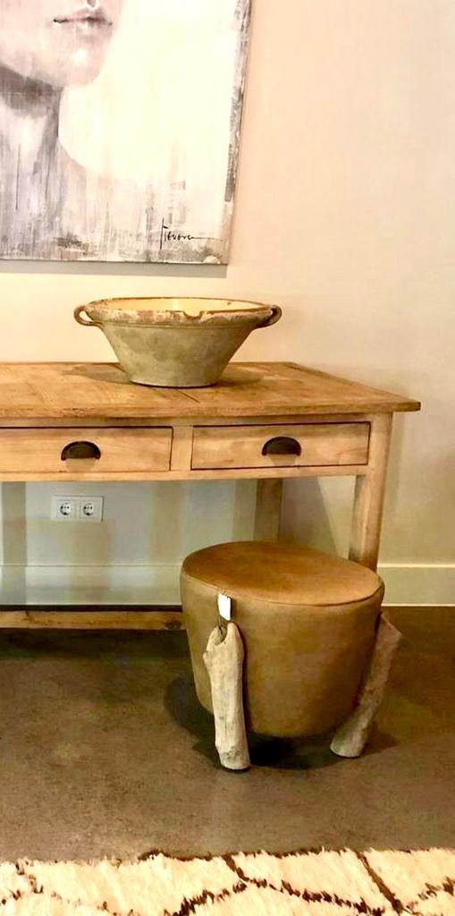 Design franse Bleu Nature beige kruk poef houten poot, Ophalen of Verzenden, Zo goed als nieuw