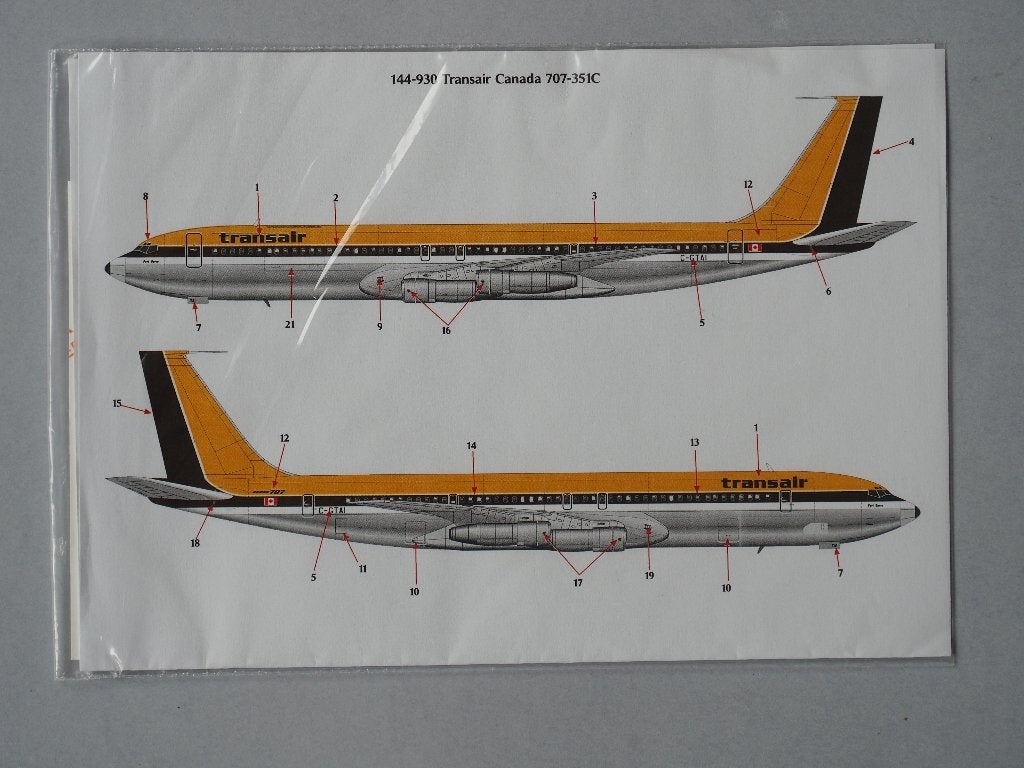 1/144 decals voor Boeing 707 Transair, Overige merken, 1:144 tot 1:200, Nieuw, Ophalen of Verzenden
