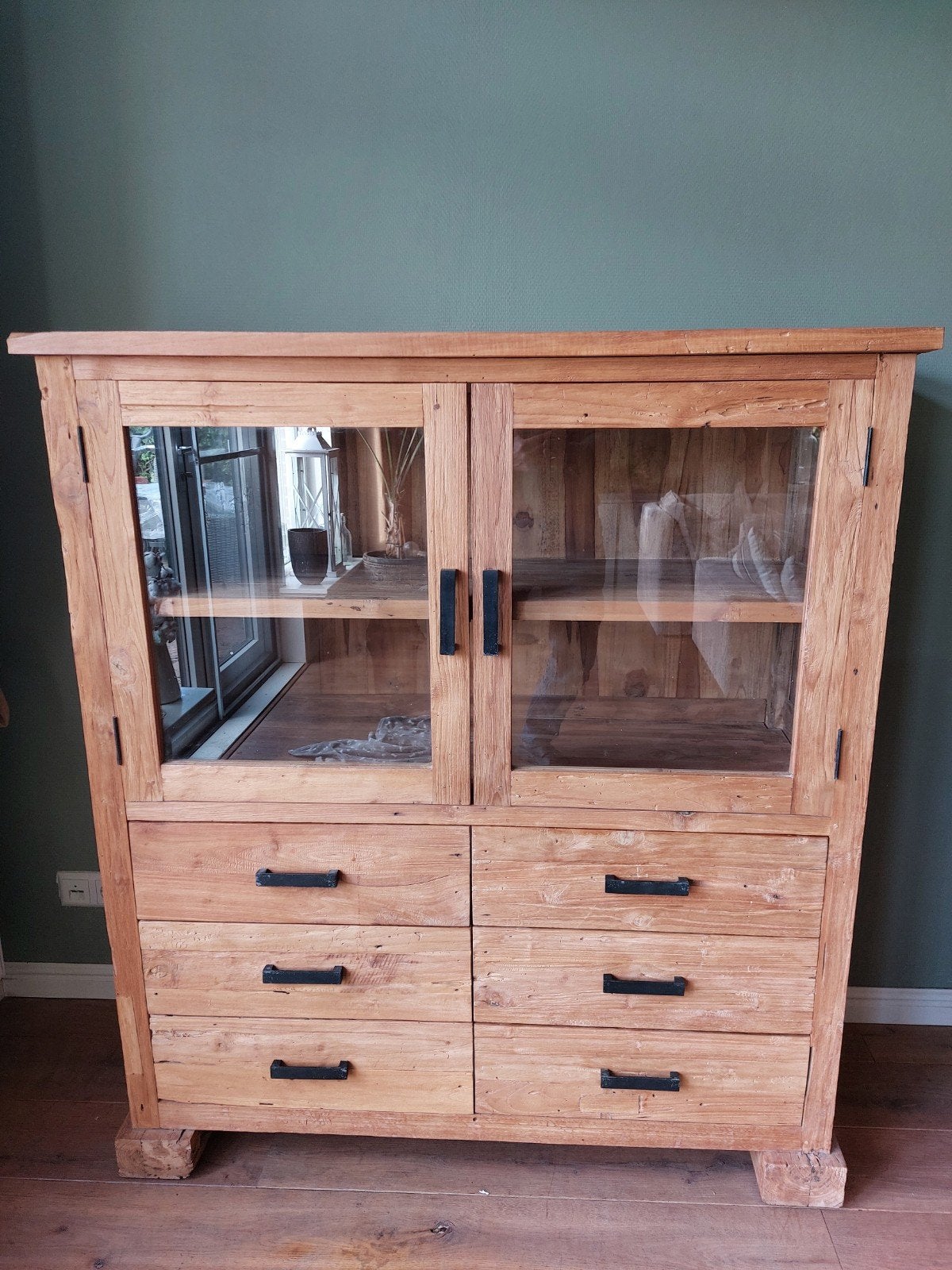 Robuuste Teakhouten Kast met Lades en Glazen Deuren, Huis en Inrichting, Ophalen, Gebruikt, Glas, Landelijk, robuust