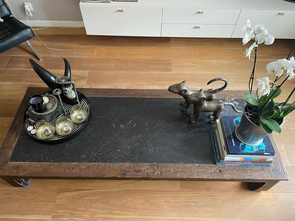 Salontafel, Opiumtafel salon tafel hout en marmer bovenkant, 100 tot 150 cm, Eikenhout, Zo goed als nieuw