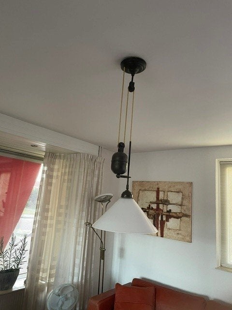 Kopere katrollamp met melkwitte kap, Huis en Inrichting, Lampen | Hanglampen, Ophalen, Gebruikt, Glas, Landelijk, rustiek, vintage