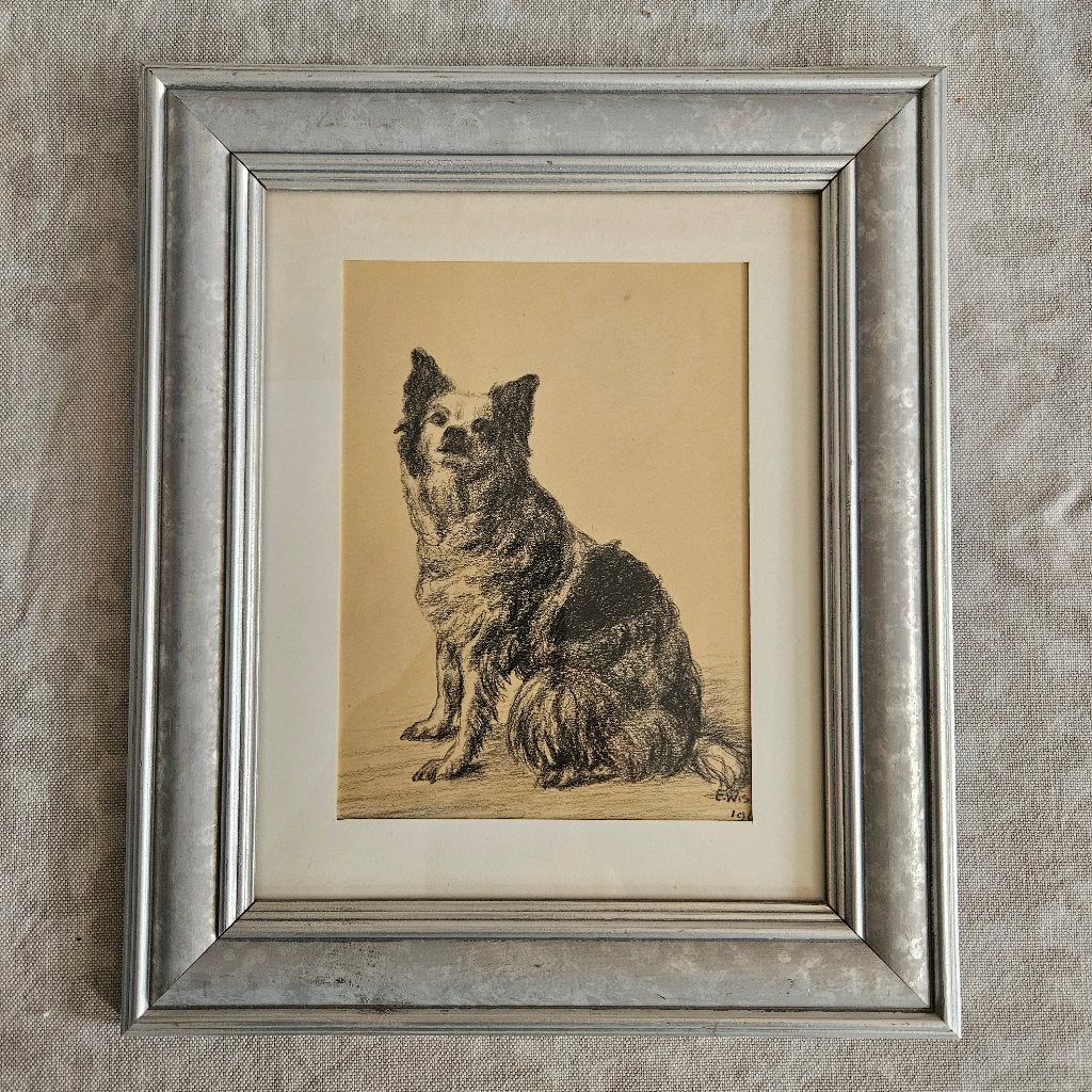 26153 - Originele potloodtekening van een hondje in lijst, Ophalen of Verzenden, Tekening, Potloodtekening