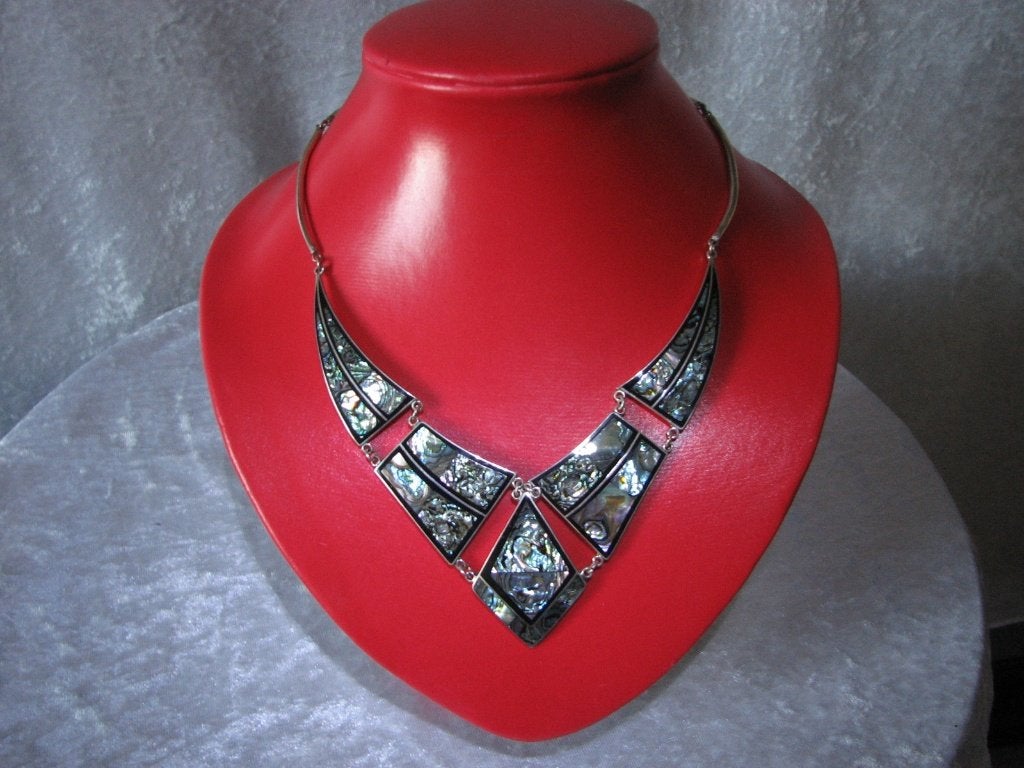 Prachtig Handgemaakt Zilveren Collier met ingelegd Abalone, Verzenden, Zilver, Ring