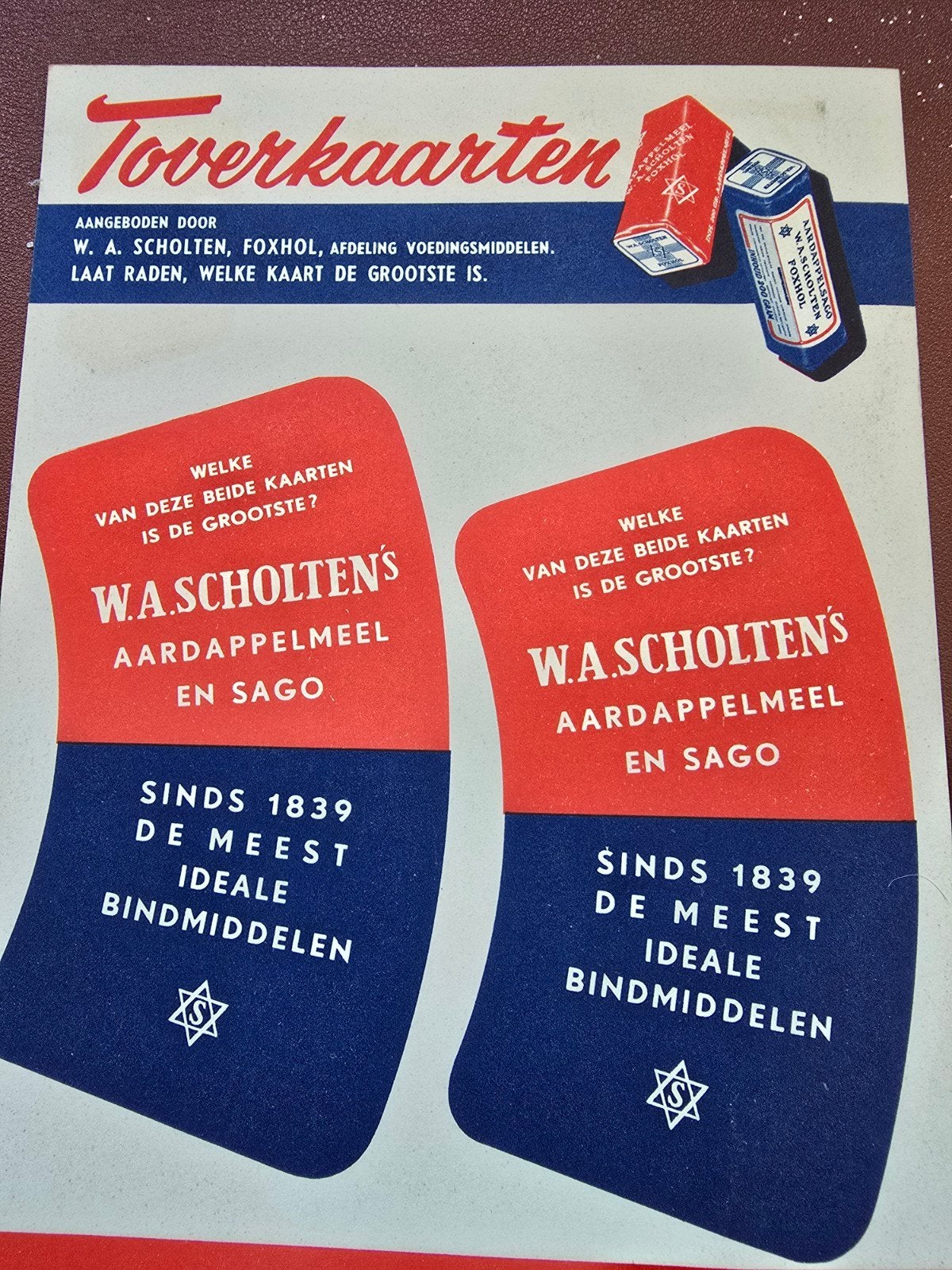 Vintage Toverkaart W.A. Scholten's en Brinta Reclame, Verzenden, Gebruikt, Reclamebord