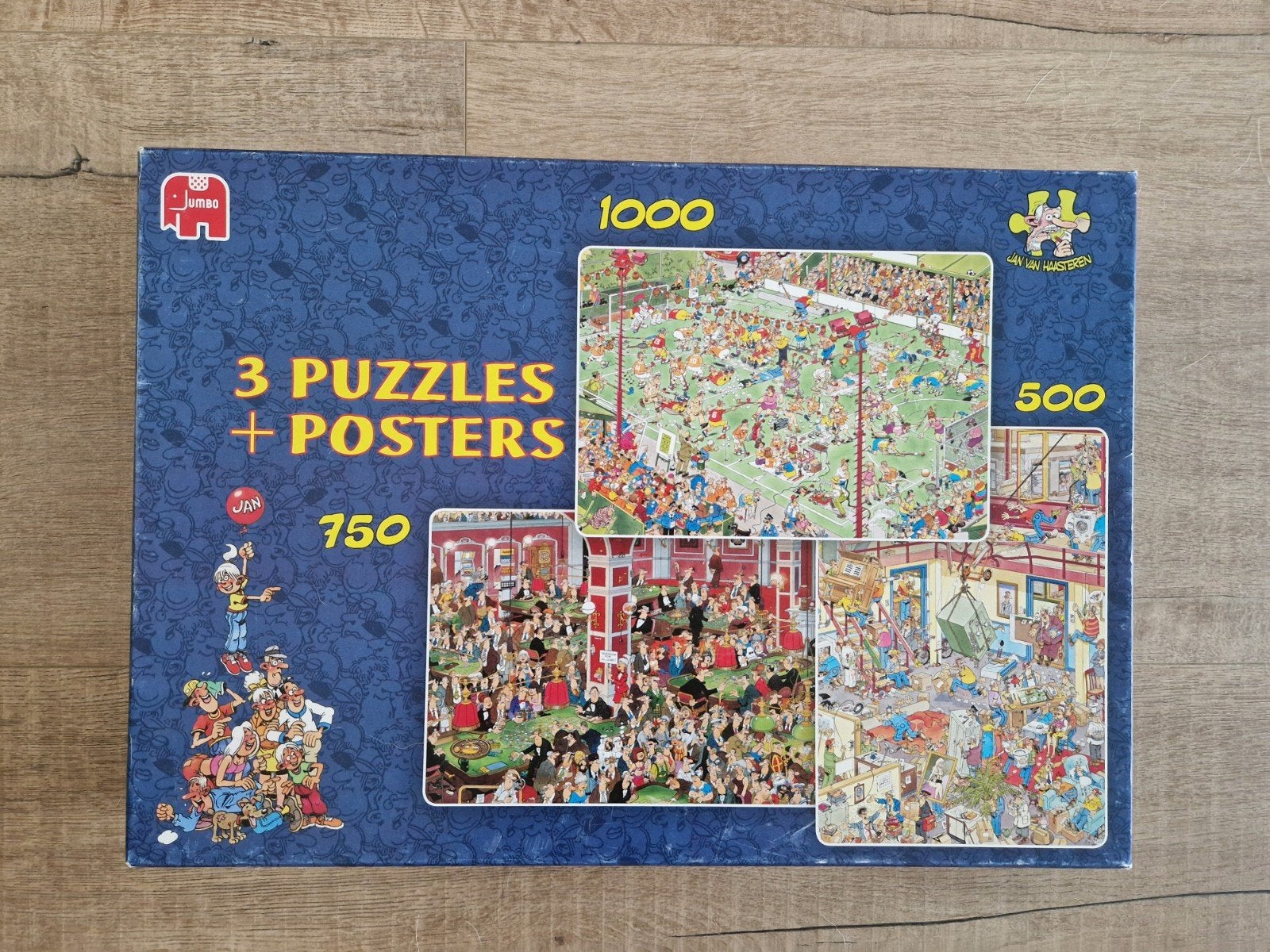 3 in 1 Jan van Haasteren,compleet en stevige kwaliteit, Hobby en Vrije tijd, Denksport en Puzzels, Zo goed als nieuw, 500 t/m 1500 stukjes