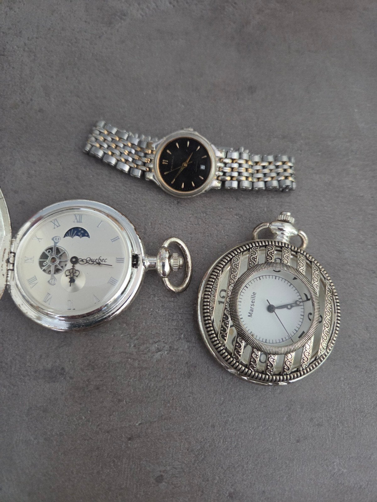 Set van 3 horloges: 1 polshorloge en 2 zakhorloges, Staal, Gebruikt, Staal, Polshorloge