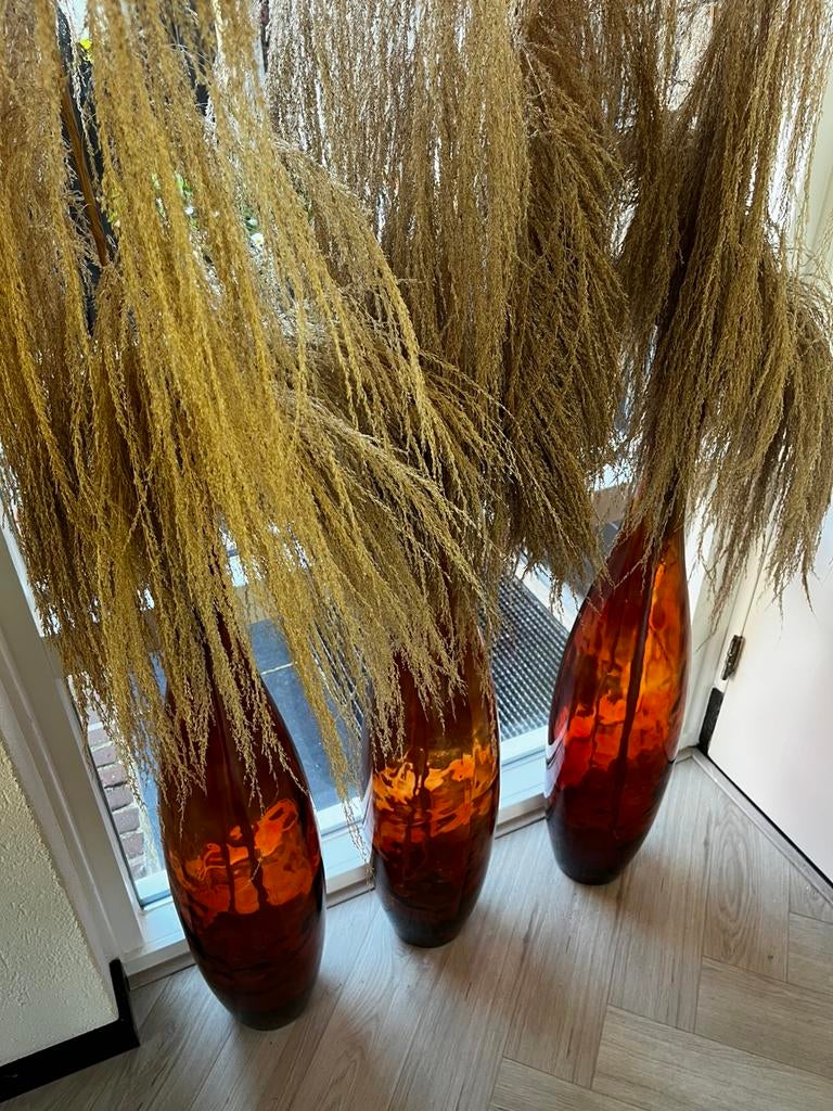 Te koop 3 grote vazen met pluimen, Huis en Inrichting, Woonaccessoires | Vazen, Ophalen, Gebruikt, Glas, 75 cm of meer
