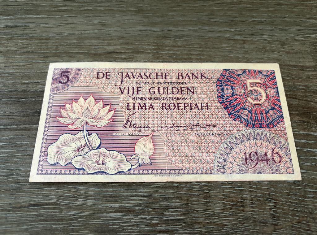 Prachtig biljet 5 gulden Nederlands-Indië, 1946, Postzegels en Munten, Bankbiljetten | Nederland, Ophalen of Verzenden, 25 gulden