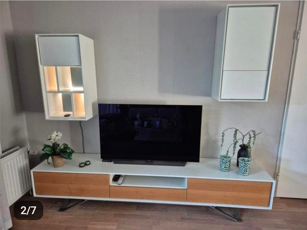 Modern TV-meubel met wandkasten - Wit/Eiken, 100 tot 150 cm, 150 tot 200 cm, Zo goed als nieuw, Modern, Eigentijds