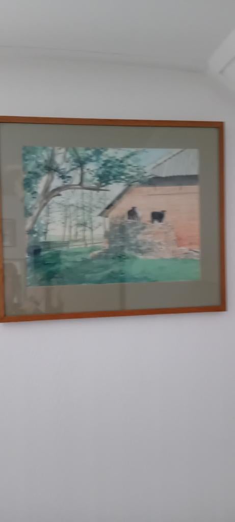Aquarel met boerderij en geiten, Antiek en Kunst, Ophalen