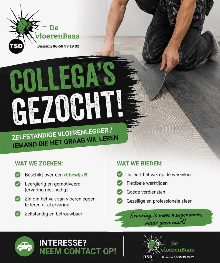 Collega’s gezocht! Zzp’er met rijbewijs B, Huis en Inrichting, Stoffering | Vloerbedekking, Nieuw, Laminaat, minder dan 10 m²