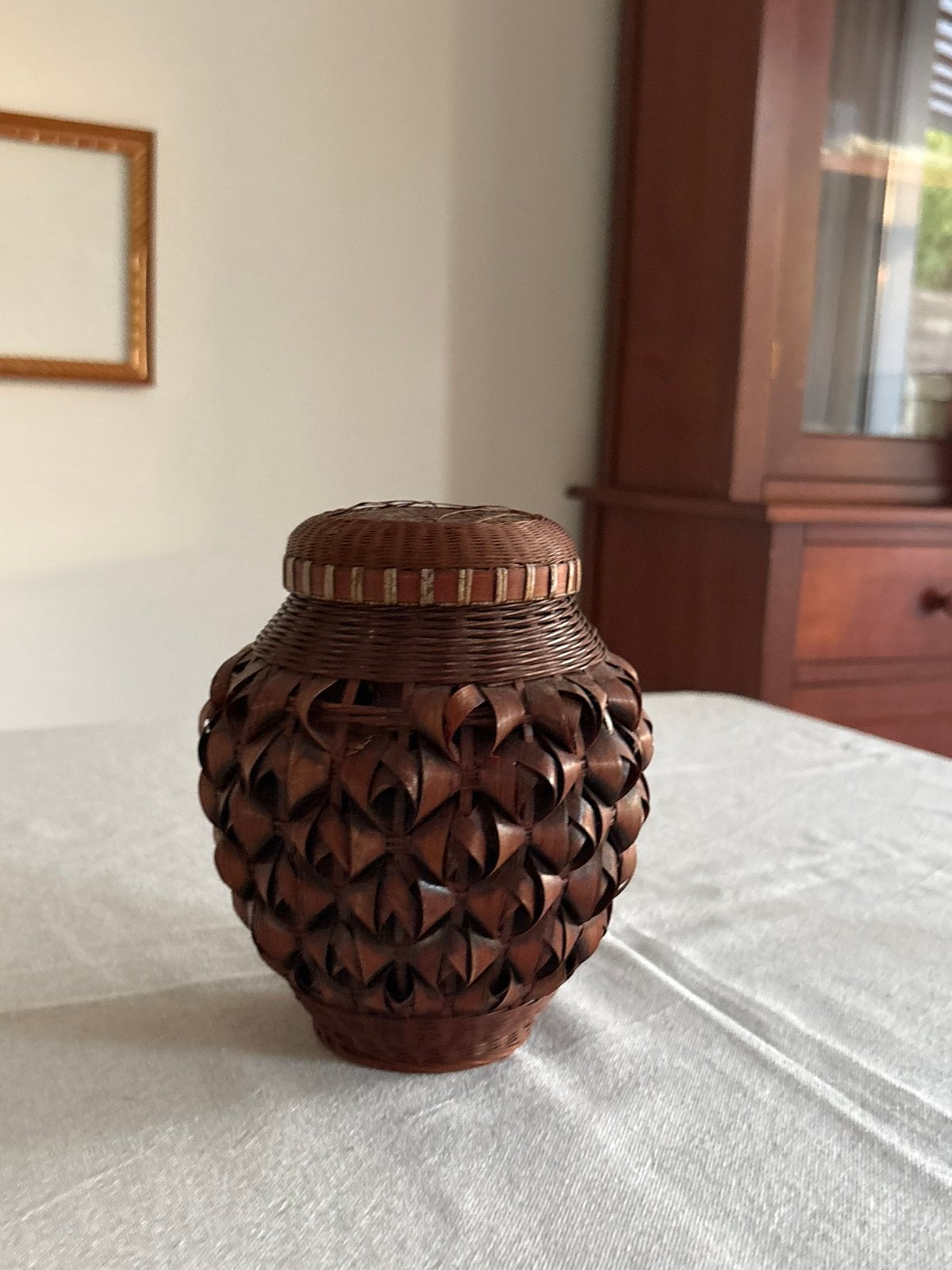Vintage Ikebana pot met deksel | rotan, Antiek en Kunst, Ophalen of Verzenden