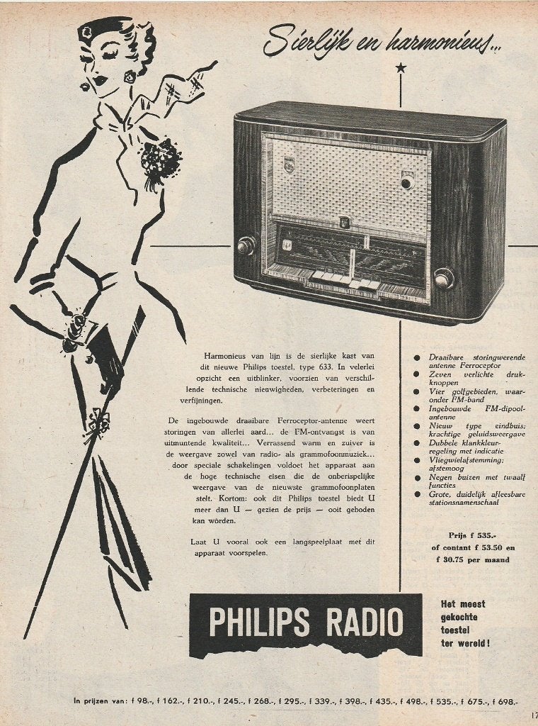 Retro reclame 1953 Philips radio sierlijk type 633, Verzenden, Overige typen