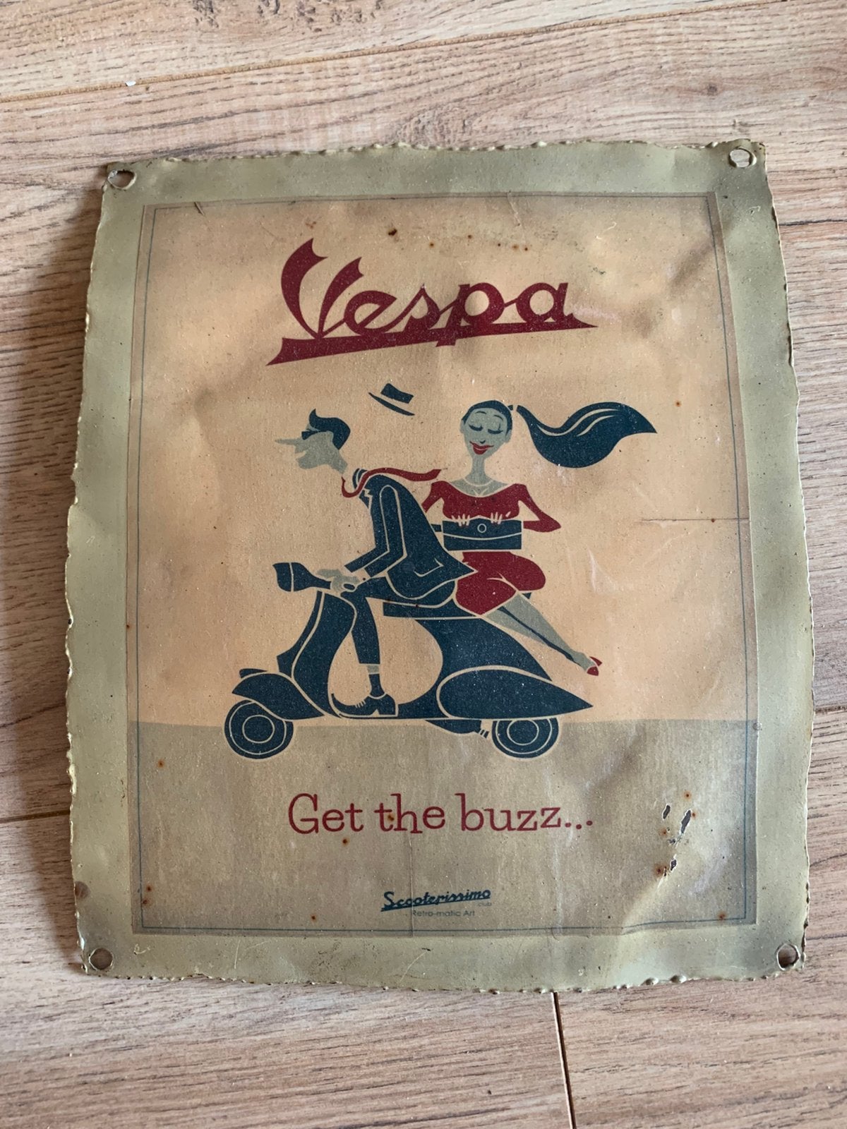 Oud reclame bord schild vespa get the buzz geen emaille, Ophalen of Verzenden, Zo goed als nieuw, Reclamebord