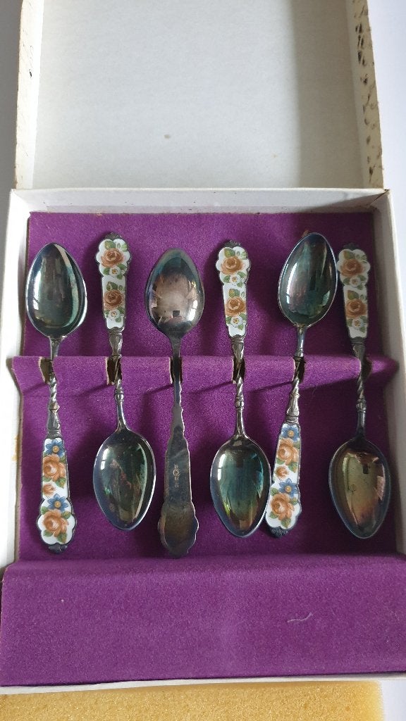 1033 zilveren p r 90 - theelepels 6 stuks roze roos, Verzenden, Zilver
