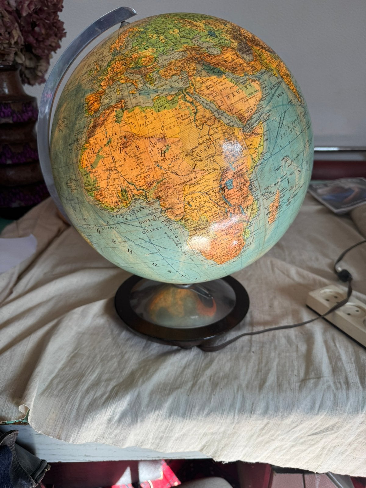 Wereldbol,Globe,fifties,vintage ,Columbus Duo,Glas met Lamp, Gebruikt, 33 cm, Ophalen of Verzenden, Verlicht
