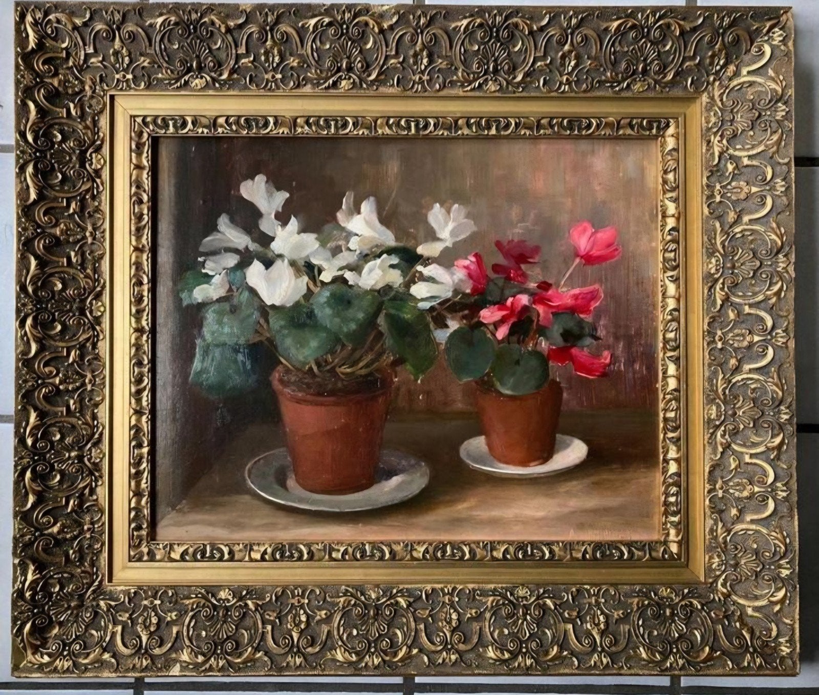 Olieverf bloemstilleven cyclamen in pot Antonie v. Heyningen, Antiek en Kunst, Ophalen