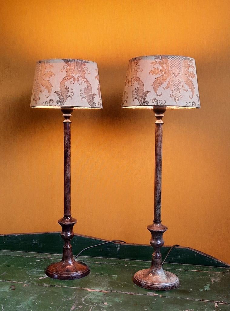 Set van 2 Vintage Tafellampen met Bronzen Patina Voet, Ophalen of Verzenden