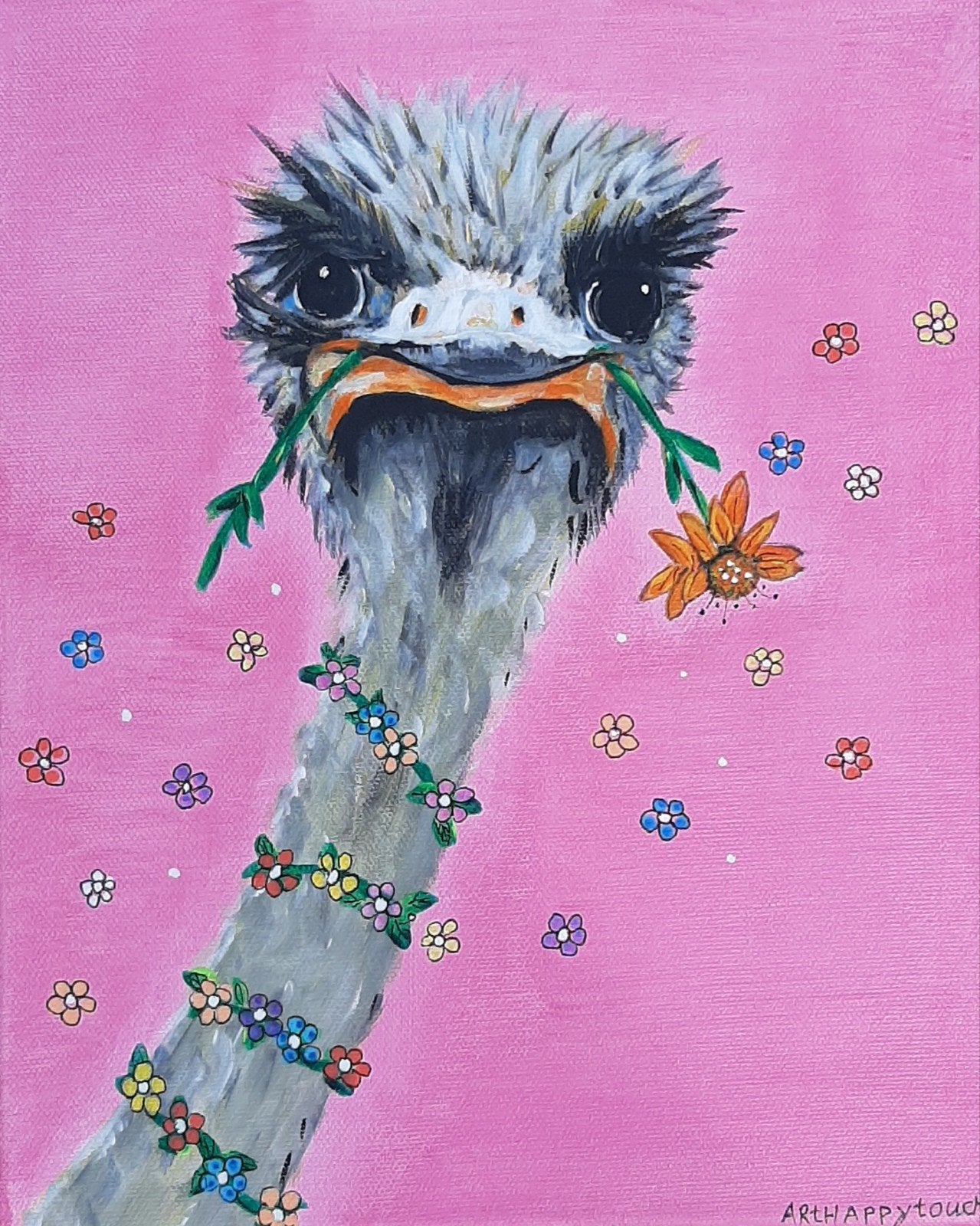 Schilderij Struisvogel met halsketting  vrolijk acryl canvas, Ophalen of Verzenden, Acrylverf, Dieren