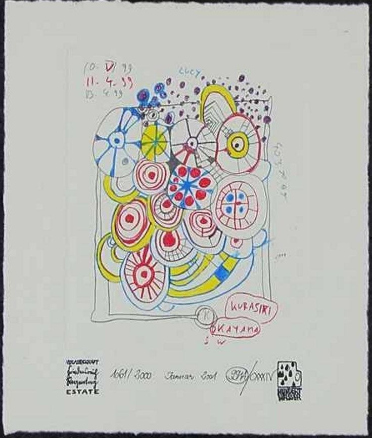 +Friedensreich Hundertwasser(1928)Ets"Doodle Regentag"GesGen, 25 cm, Ets, Mythologie, Genummerd