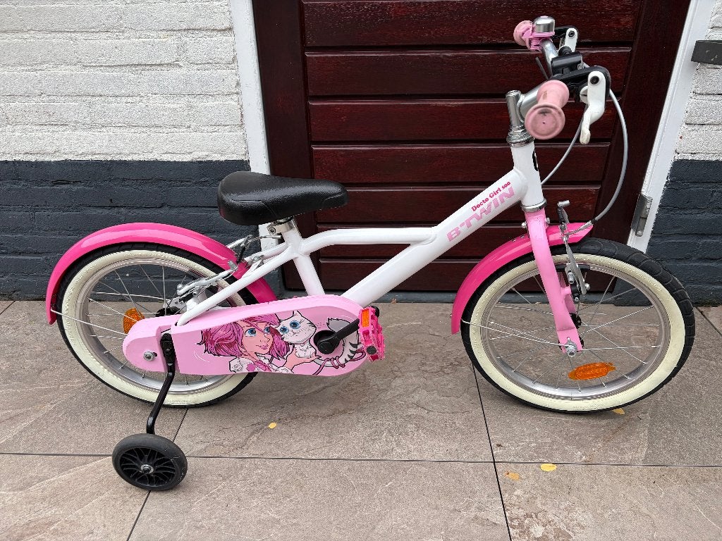 z.g.a.n. B-TWIN MEISJESFIETSJE met zijwieltjes 16 inch, Ophalen, B-twin, Gebruikt, Velgrem