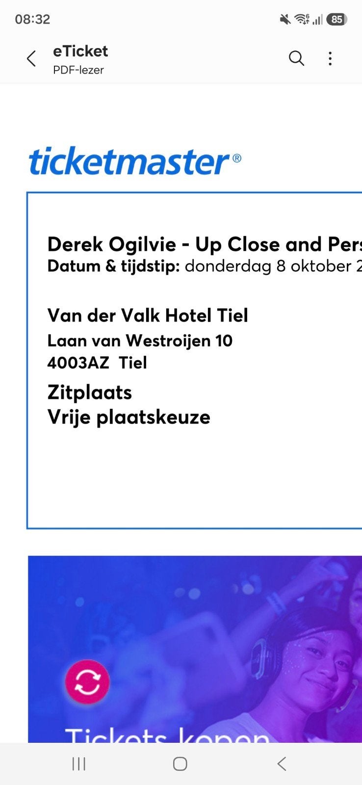 1 ticket Derek Oglivie 8 okt Tiel avond, Tickets en Kaartjes, Eén persoon, Oktober