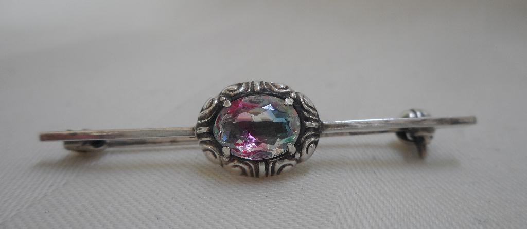 Zilveren Art Nouveau broche met rijnsteen nr.177, Sieraden, Tassen en Uiterlijk, Antieke sieraden, Verzenden, Zilver, Broche